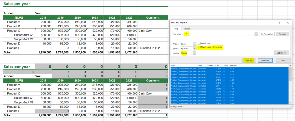 If you want to delete all values linking to empty cells, you can use the Find dialog to select all these cells. Once selected, press "Del" on the keyboard.  