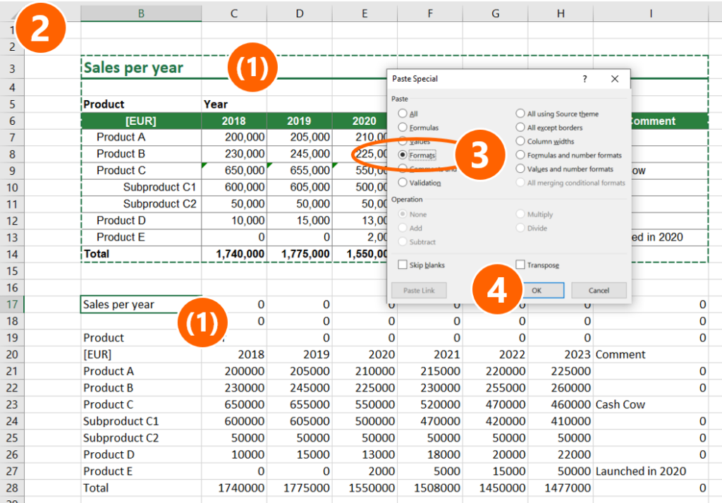 Because the paste links cells are unformatted, you can in the next step also paste the formatting.