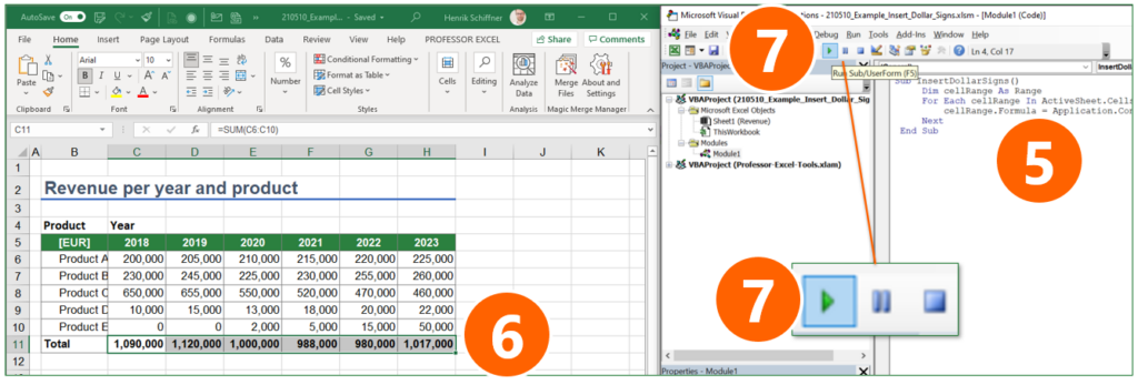 Paste the VBA code, select your cells and press start in the VBA editor. The macro will now insert §-signs.