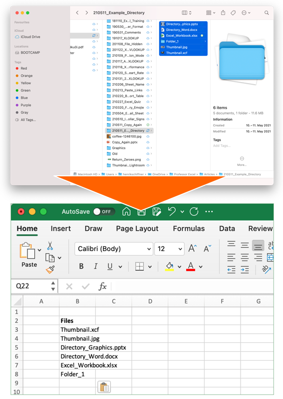 File list on a Mac: Just copy and paste from Finder to Excel.