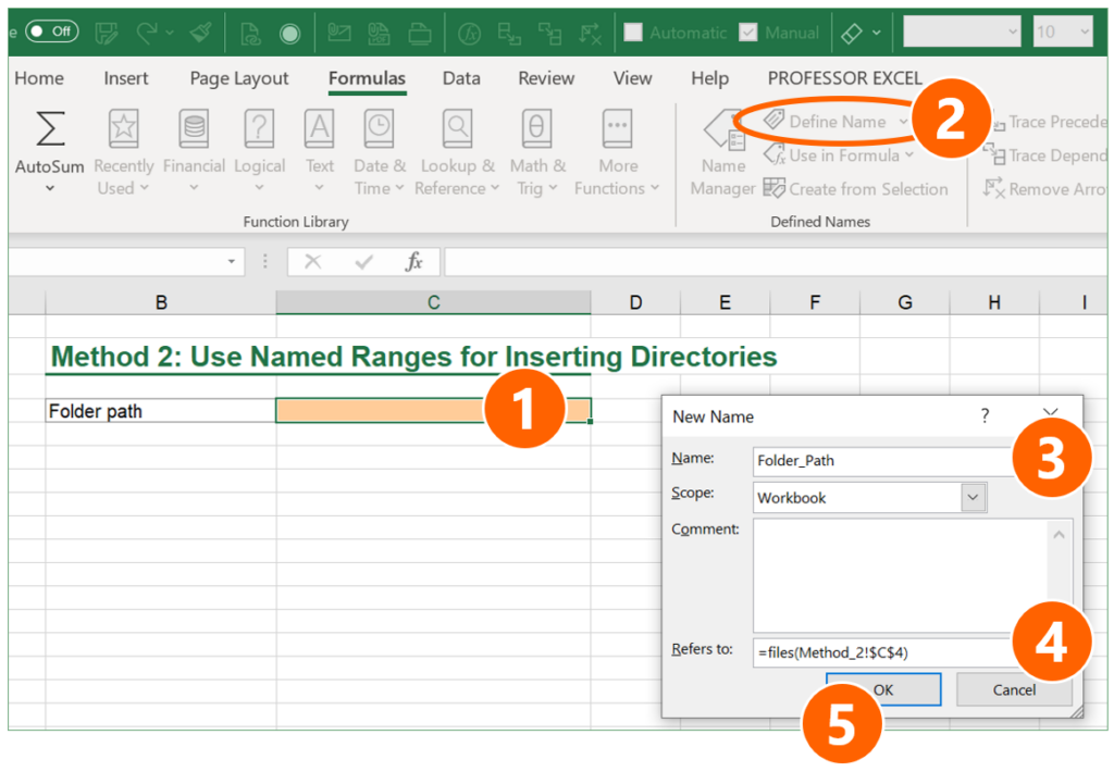 Create a list of all files with Excel built-in features. Here: A function within a named range.