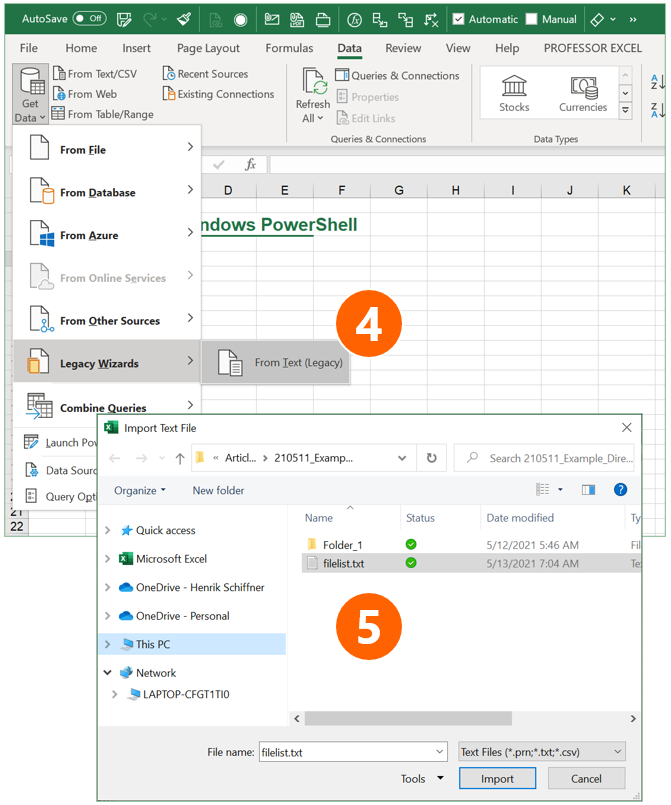 Next, import a text file containing the directory into Excel.