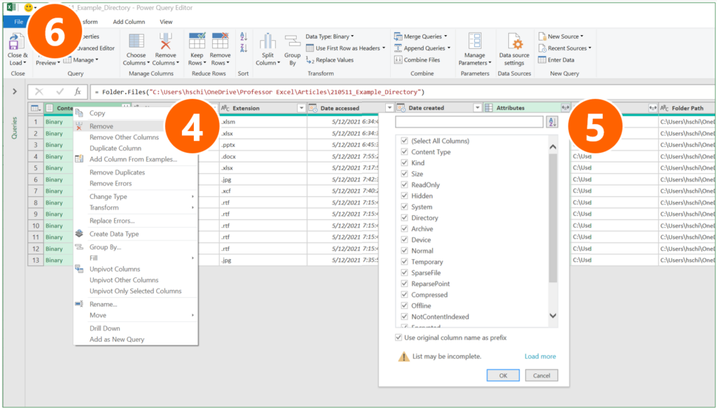 Above that, PowerQuery allows to insert various file attributes.