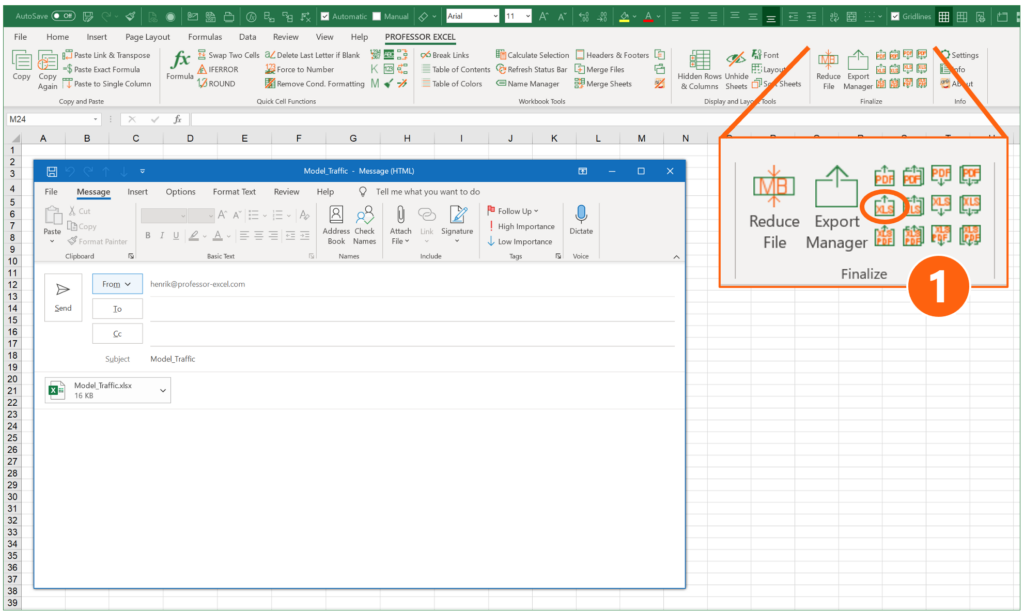 Attach worksheet as a new file to a new e-mail with just one click: Feature of Excel add-in "Professor Excel Tools".