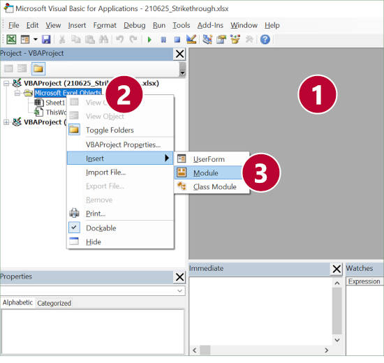 Steps for inserting a new VBA module in Excel.