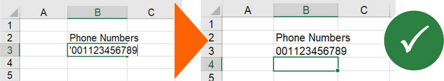 Insert a single quotation mark when typing phone numbers in Excel.