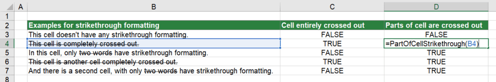 Return TRUE if at least one character in a cell has strikethrough formatting. 