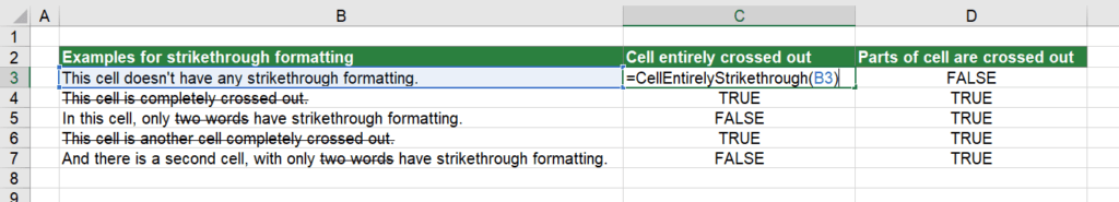 Return TRUE if the entire cell has strikethrough formatting.