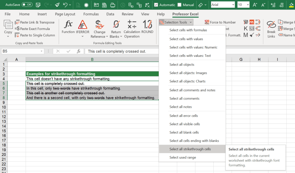 Select all strikethrough cells with Professor Excel tools.