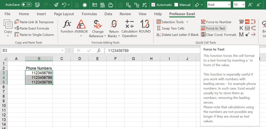 Bulk force to text with Professor Excel Tools.