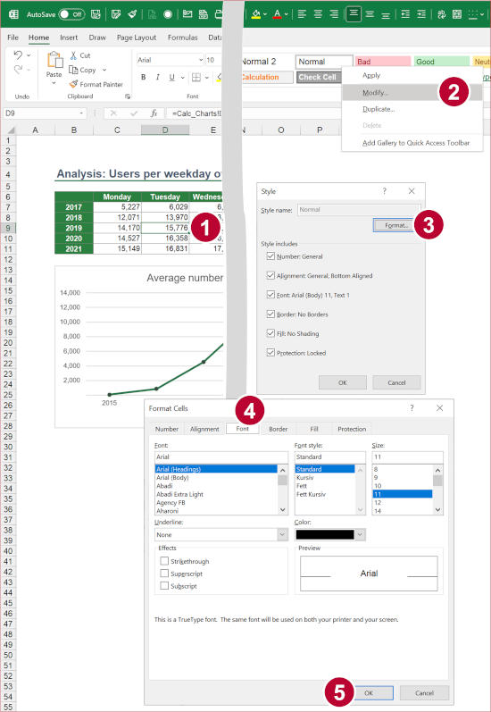 Use the cell styles option to change the font in your Excel file.