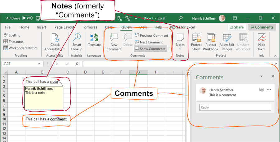 comments vs notes in excel