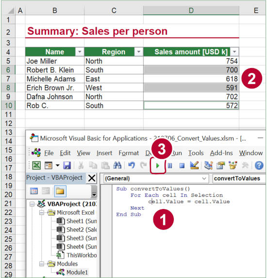 Convert only selected, non-adjacent formula cells to values. 