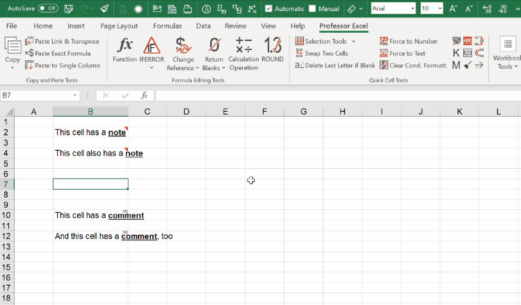 Use Professor Excel Tools to select all cells with comments or notes.