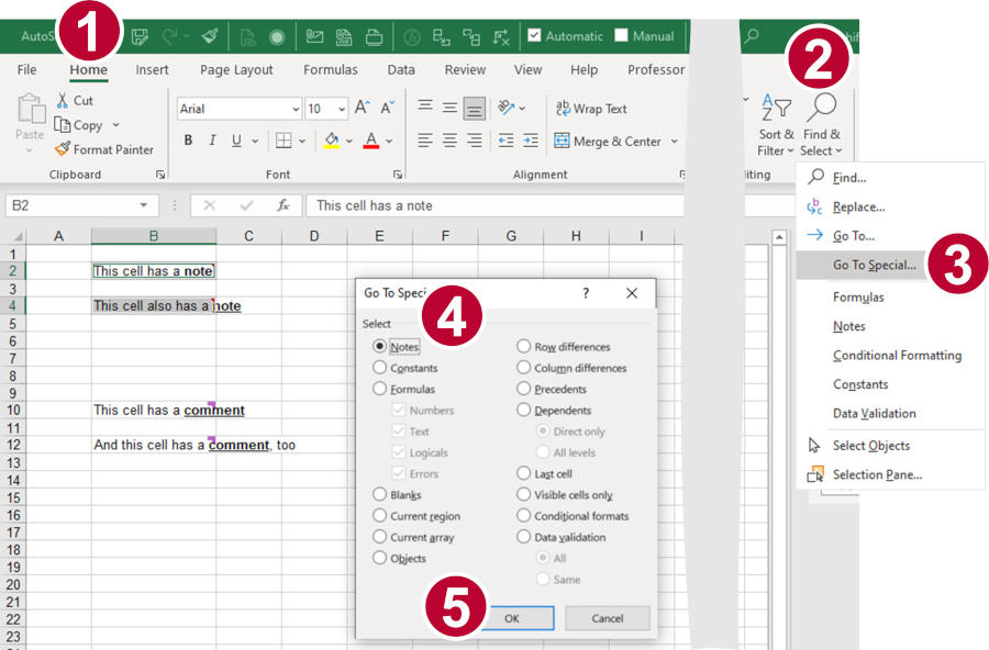 Select all notes in Excel using the Go To Special functionality.