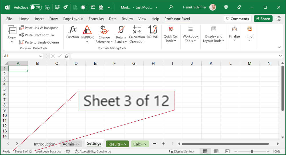 Show the current sheet number and total number of worksheets in the bottom-left corner of the Excel window.