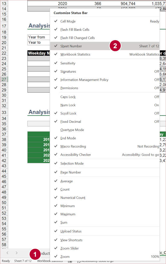 Show the sheet number in Excel by right-clicking on the status bar and then on "Sheet Number".