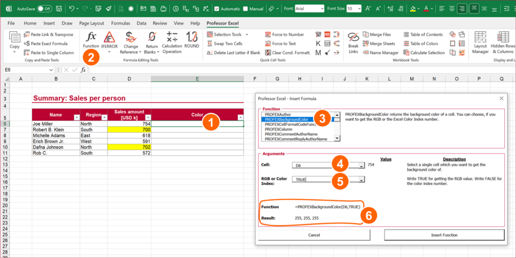 Professor Excel Tools comes with many new Excel functions: =PROFEXBackgroundColor() is one of them - it returns the background color code either in RGB or Long format.