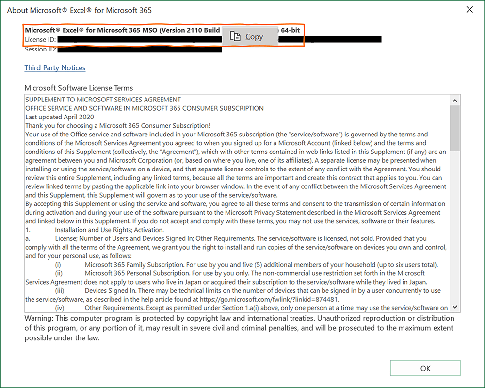 Copy the Excel version number by right-clicking on it.