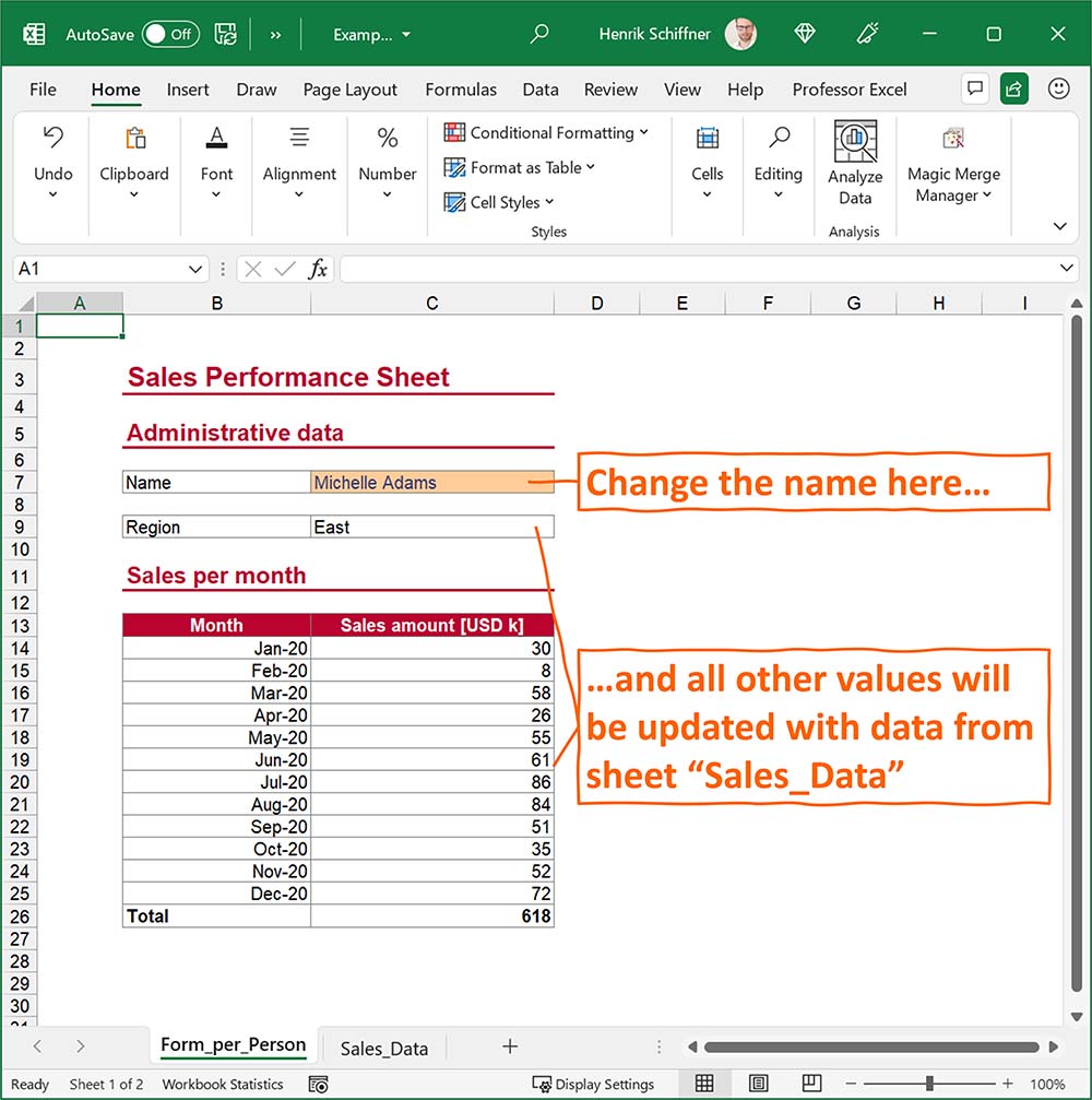 Example for a mass export: This worksheet should be exported with different names in cell C7.