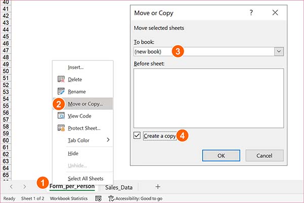 Copy sheet or multiple sheets to a new Excel file.