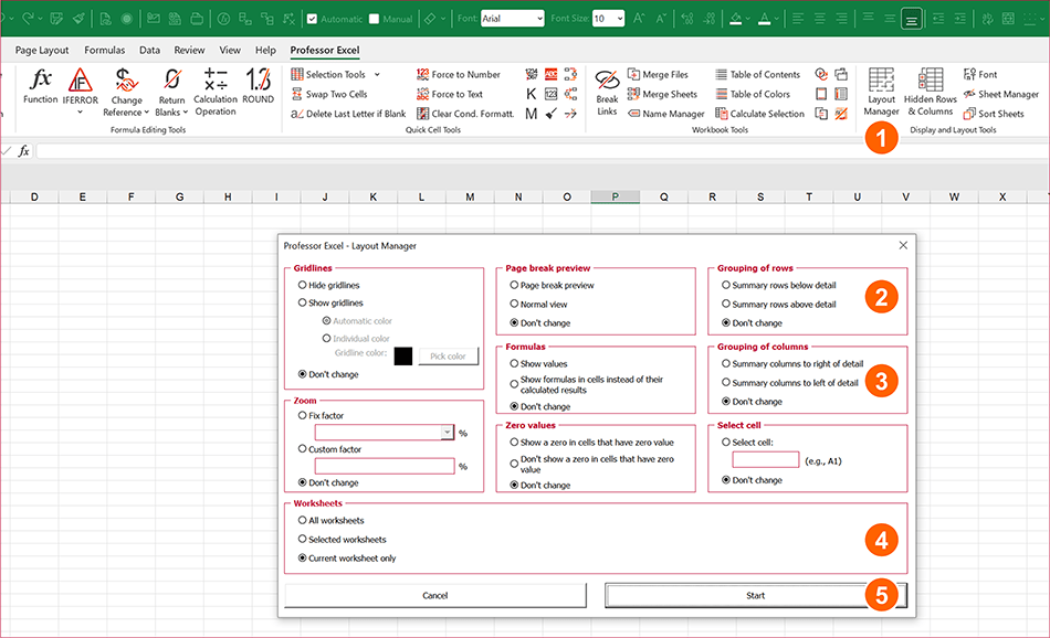 Change the grouping direction for the whole workbook with Professor Excel Tools.