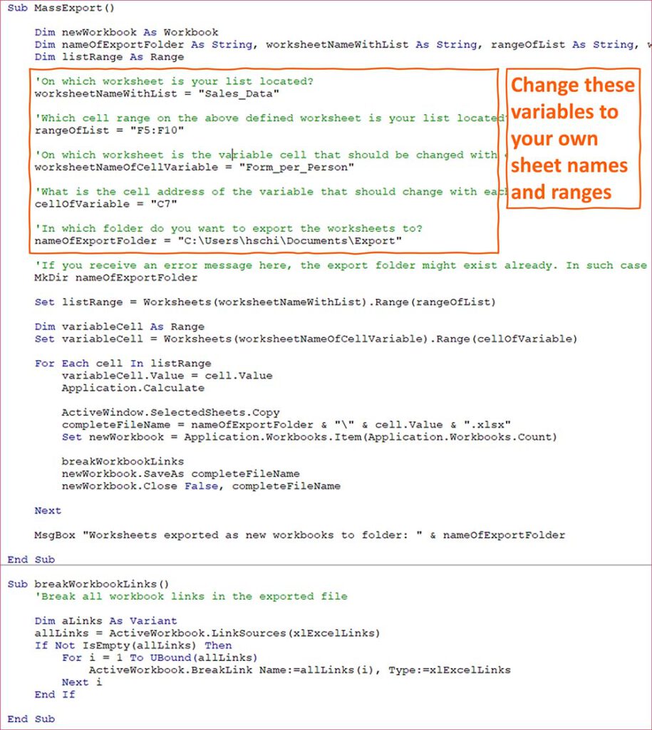 Before you start the mass export you have to slightly adapt the VBA macro.