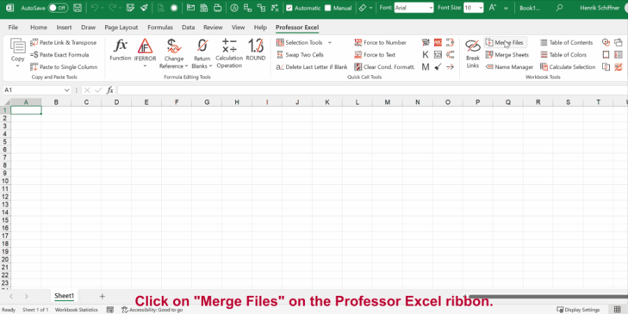 Just click on "Merge Files" on the Professor Excel ribbon, select your files and click on OK.