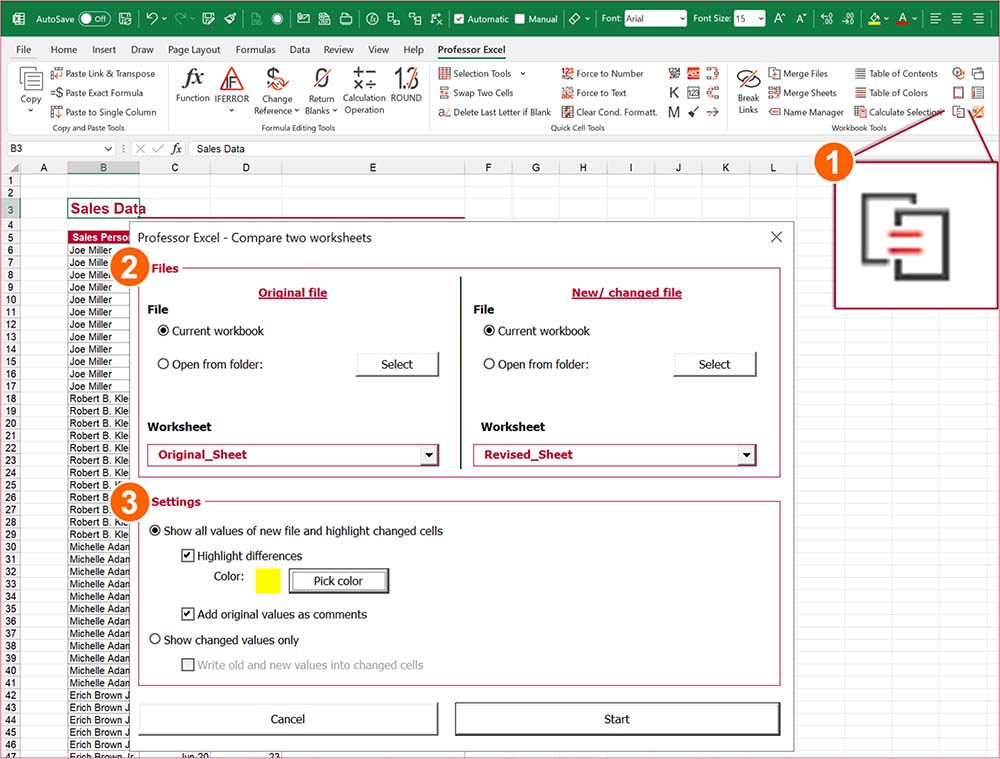 Compare worksheets comfortably with Professor Excel Tools.