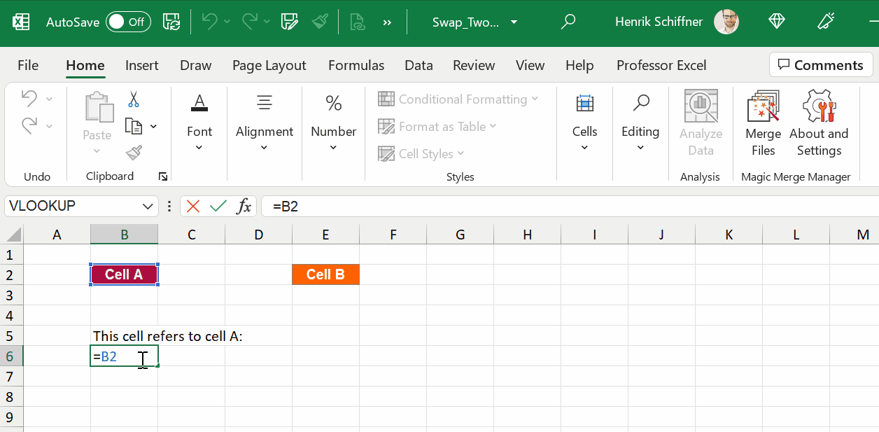 If cell references should remain on the same position, use the copy (not cut) and paste functions to exchange cells.