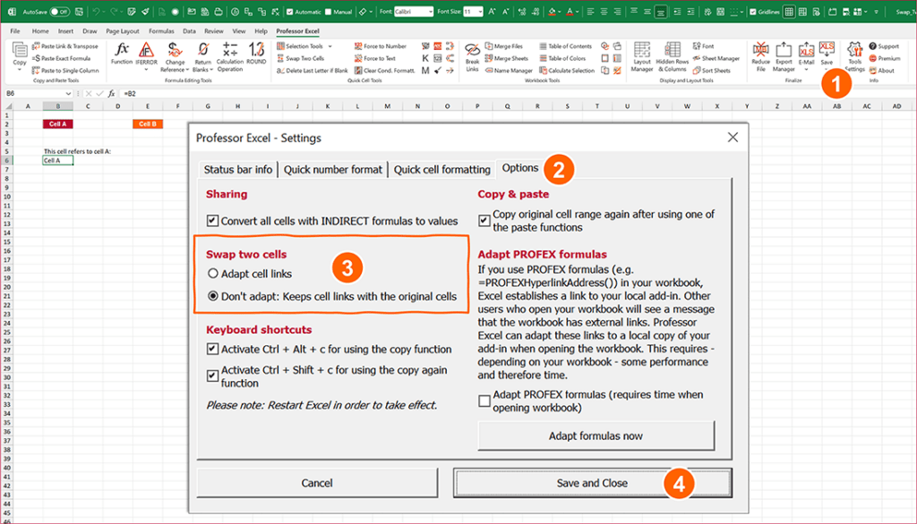  settings of Professor Excel Tools you can choose the swapping mode: Should cell references adapt or stay where they are?