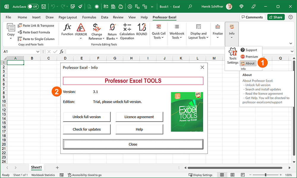 Find the version number of Professor Excel Tools in the About section.