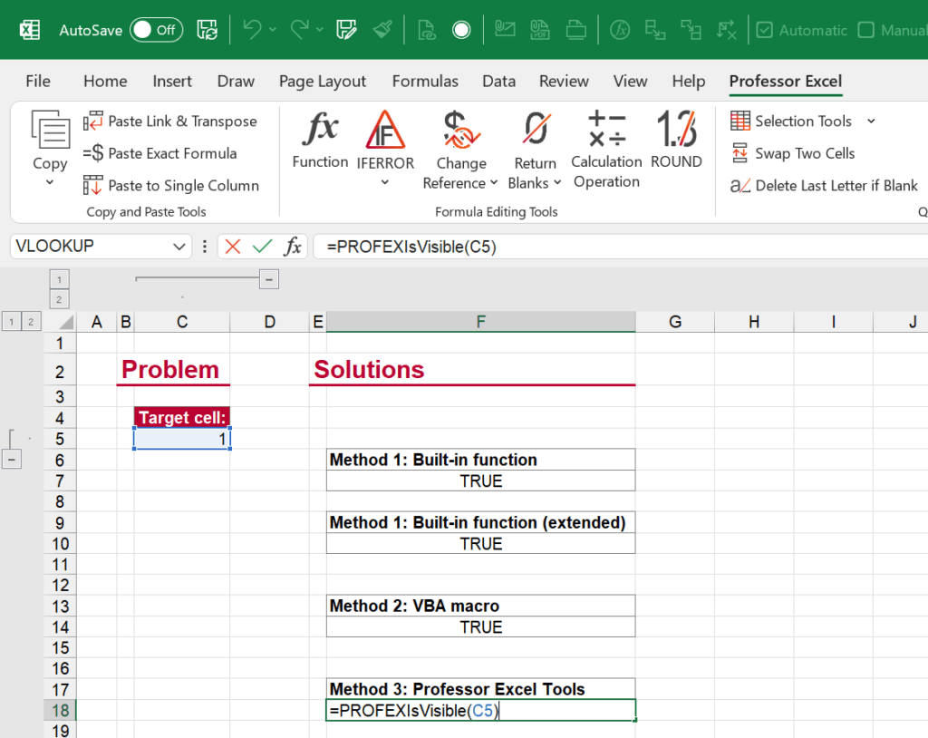 Use Professor Excel Tools to check if a cell is visible or hidden.