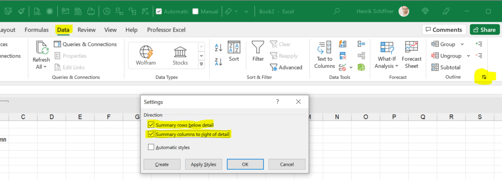 How to Change Grouping Direction Above Left of Data in Excel