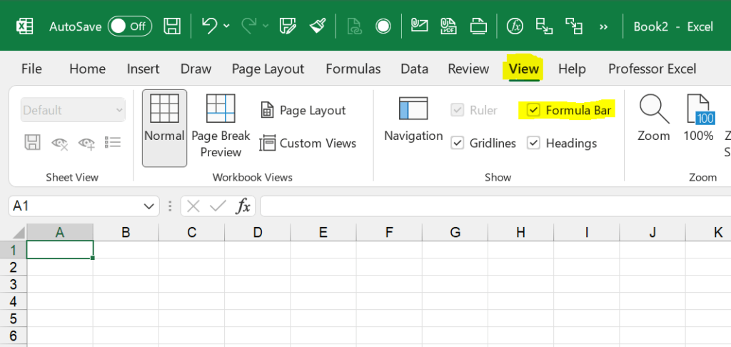 If the formula bar in Excel is missing, go to View and set the tick at “Formula Bar”.