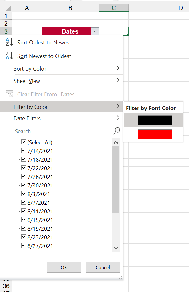 Use the filter function to filter or sort by font color.