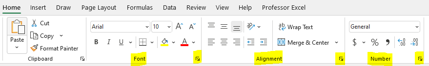 The most important formatting buttons can be reached on the Home ribbon.