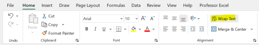 Activate "Wrap Text" in order to see line breaks entered in Excel formulas (with CHAR(10))