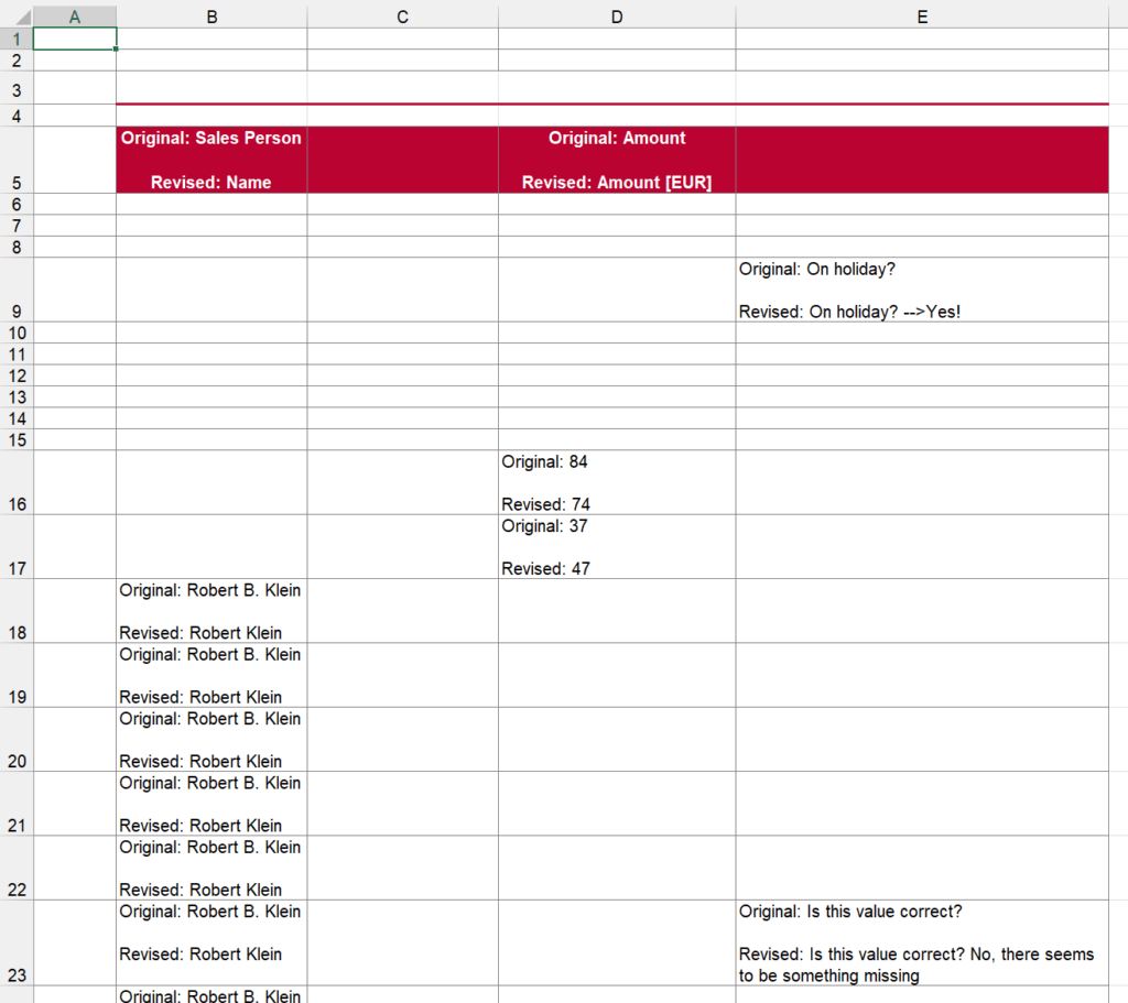 With a simple Excel formula, you compare cell by cell of the original and the revised worksheets.