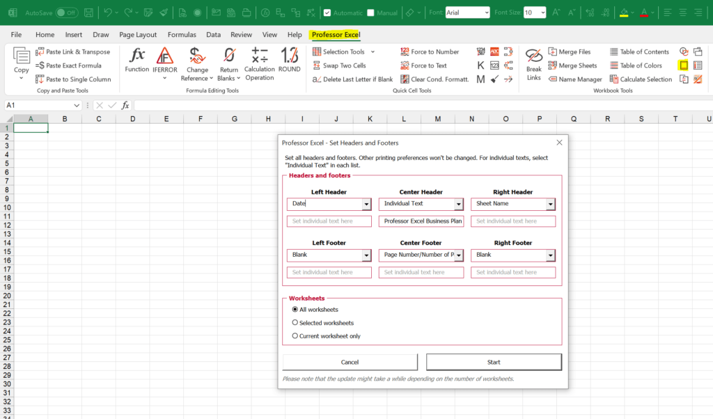 print, headers, footers, update, excel, printout