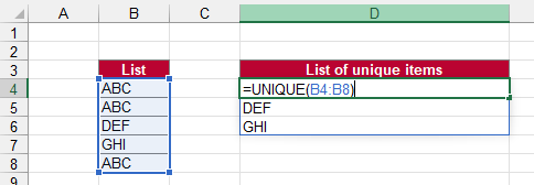 The UNIQUE function in Excel returns a list of all unique items.
