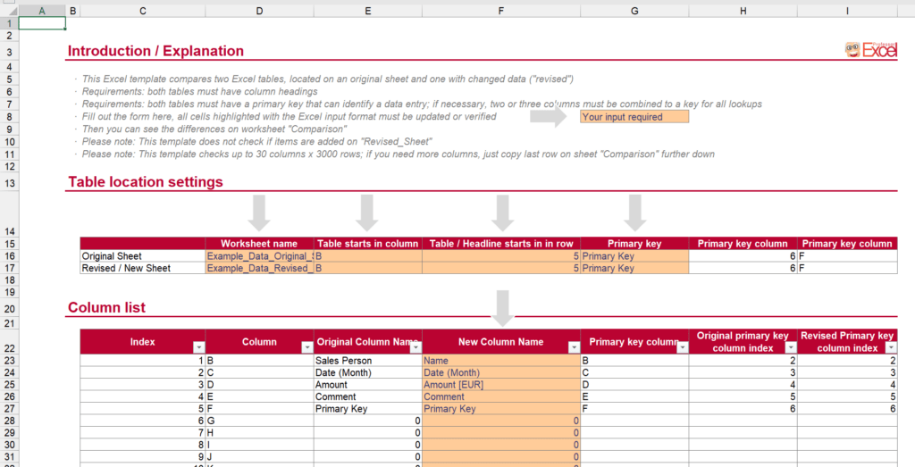 Settings to compare sheets.