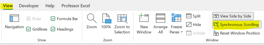 Comparting two worksheets or files? Use the Synchronous Scrolling function in Excel.