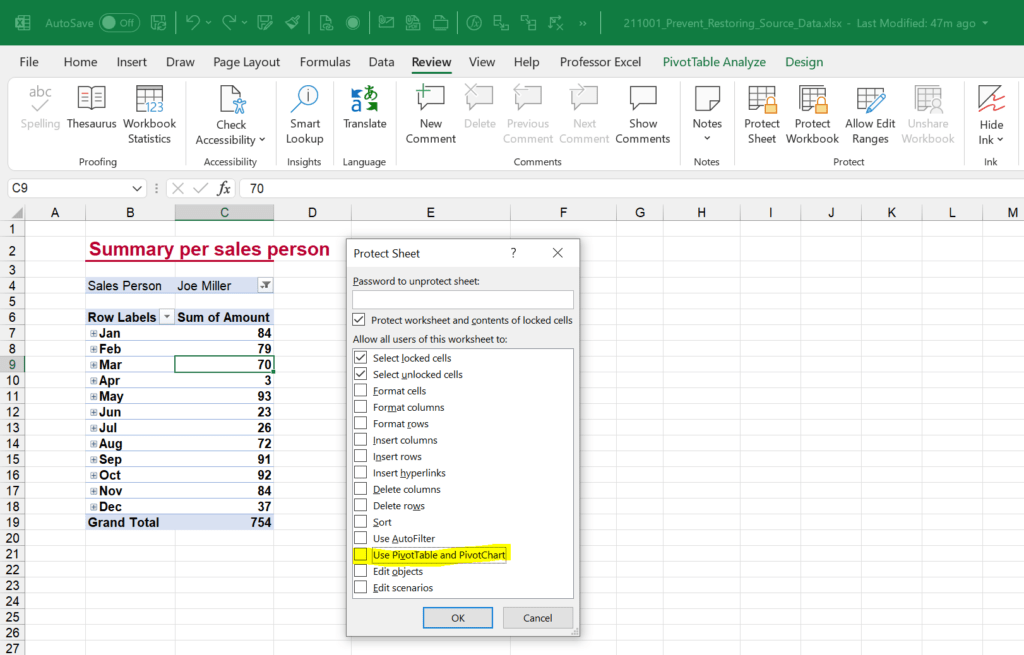 Prevent users from restoring PivotTable source data by protecting the worksheet.