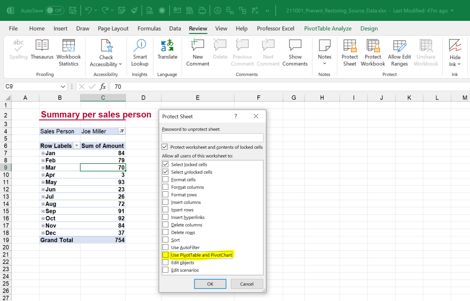 How to Prevent Users to Restore PivotTable Source Data