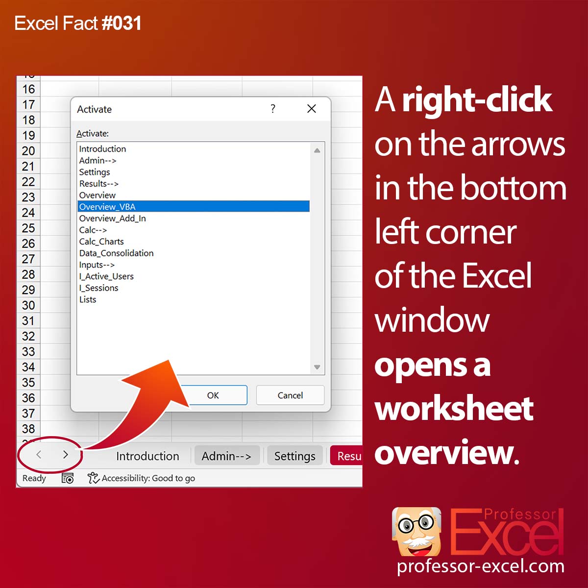 A right-click on the arrows in the bottom left corner of the Excel window opens a worksheet overview.