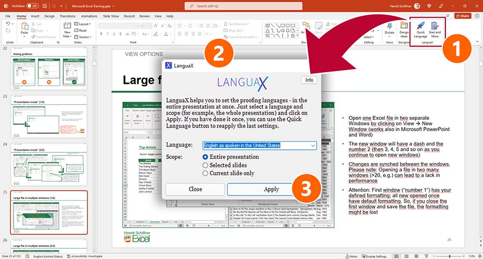 Easily set the proofing language in PowerPoint with the free add-in "LanguaX".