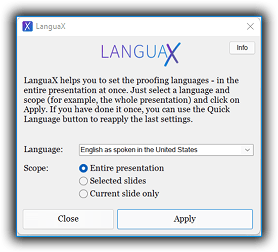 Step 2: Set language and scope in the LanguaX window