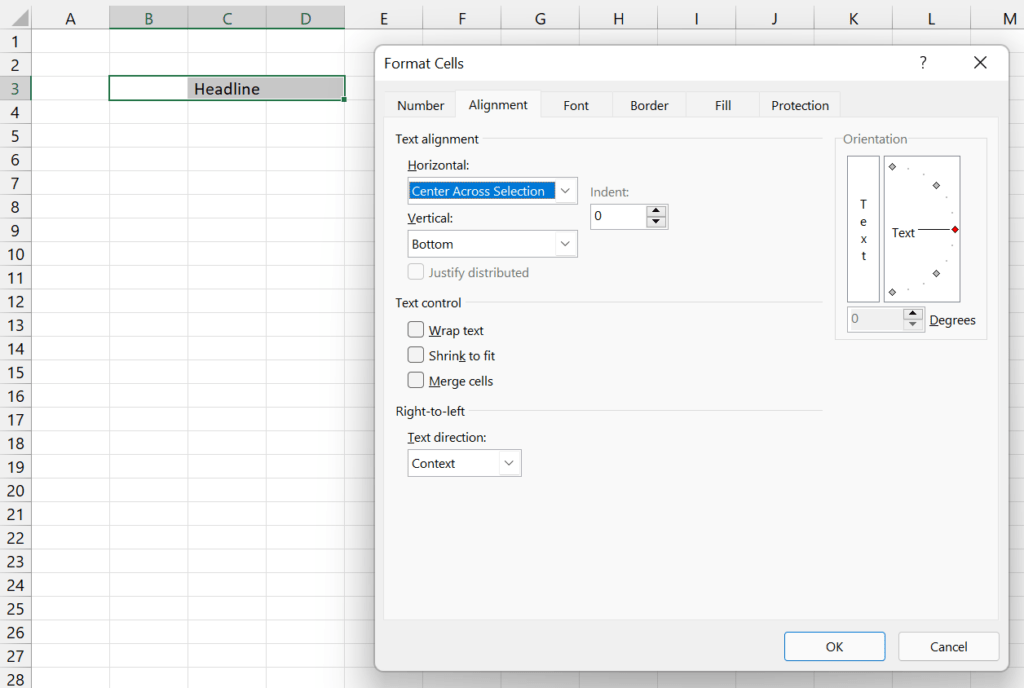 Apply "Center Across Selection" via the Format Cells window.