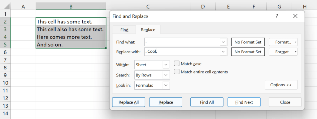 Insert text with the Find and Replace function.